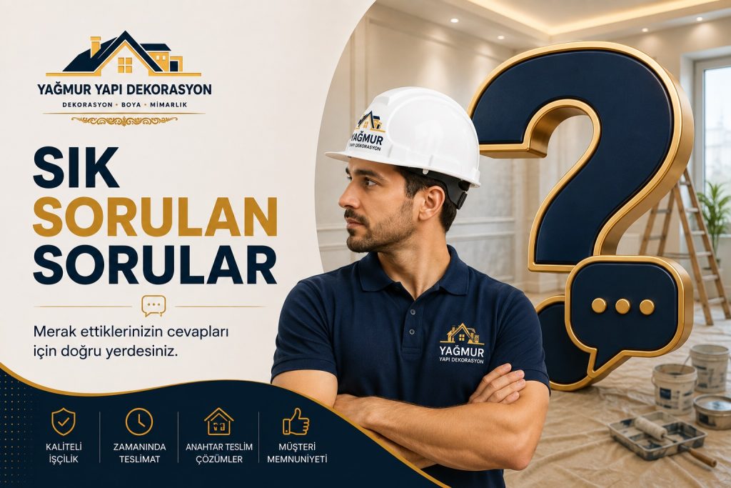 Yağmur Yapı Dekorasyon’un hizmetleri, uygulama süreçleri ve çalışma anlayışı hakkında merak ettiğiniz soruların cevaplarını bu bölümde bulabilirsiniz.